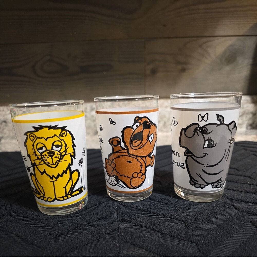 Vintage 1970's Set of 3 Children's Animal Juice Glasses by Becker Milk Co.